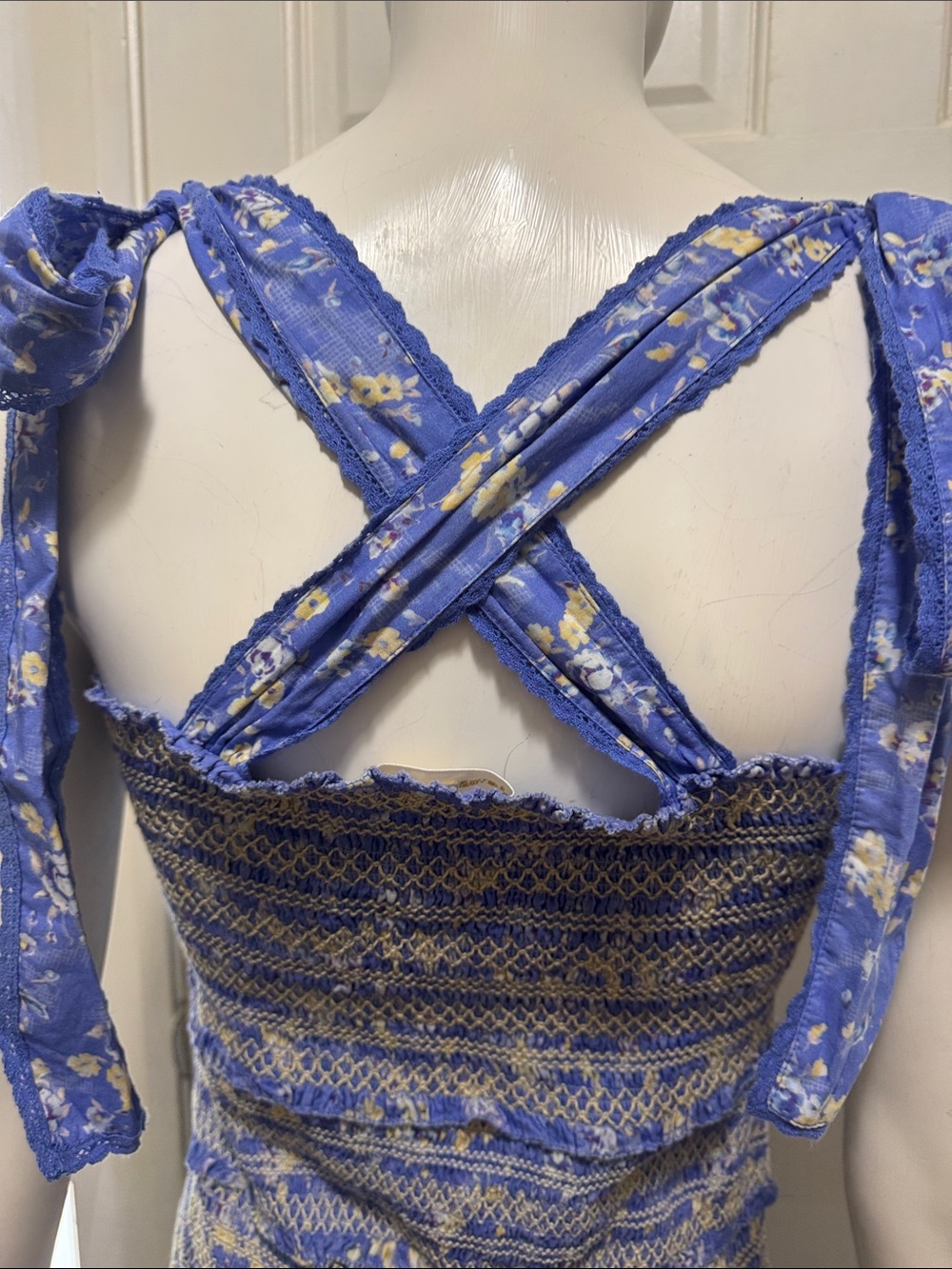 LoveShackFancy Belle Smocked Tie Straps Cotton Mini Dress Blue Jay Floral Print - Picture 9 of 13